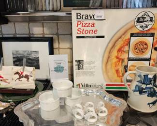 Bravo VillaWare Pizza Stone, Ceramic Napkin Ring Set, Silverplated Sugar Bowl, Denby Creamer