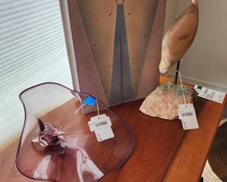 Signed Amethyst Blown Glass Sculpture, Carved Stone Fish Sculpture