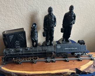 Coal train locomotive with  coal car,  Small collection of hand carved coal miners and coal  items