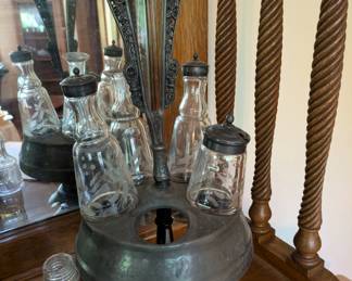 Antique Cruet Castor Condiment Set 5Pc with 4 Glass-Etched Matching Bottles (5th one non matching)