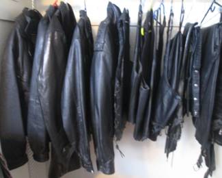 Large Array of Leather Apparel, Jackets, Vests, Pants ++. Sizes Vary: M, L, XL, XXL, 38
