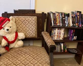 Victorian chair and CDs, vhs tapes 