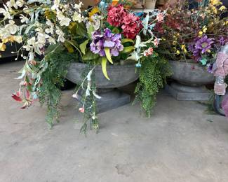 These are found to be high grade Chicago florist planters, not cement, but look like it. Filled with rock so very heavy. $75 for both but it now.