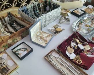 3 tables of jewelry including gold watches