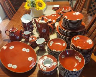 Noritake Nippon Toki Kaisha Red "Daisy" china with coffee server, tea pot, sugar & creamer, ashtrays, platter