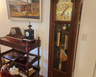 Seth Thomas Grandfather Clock, Serving Cart, Mantle Clocks