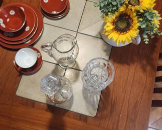 Bacarrat decanter and pitcher, Waterford Vase