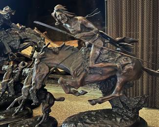 The Cheyenne The Bronze Depicts an American Indian man on horseback. It is Signed on the base; the side of the base also reads, "Roman Bronze Works, N.Y." It measures 23 1/2" long, 7" wide, and 22 1/2" tall