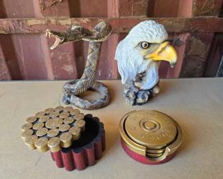 #6005 • Shotgun Shell Coasters, Trinket Box, Rattle Snake & Eagle Head Statues