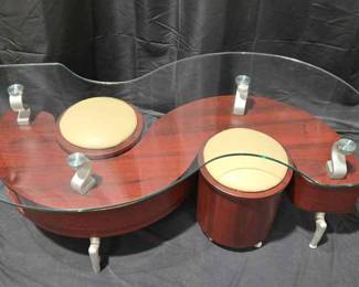 Contemporary Mahogany Glass Top S Coffee Table With Pair Of Matching Stools On Wheels
