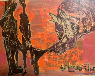 MIRIAM HAWORTH Abstract Composition Signed 1958 Print "Spectators"