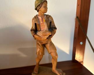 ANRI Carved Young Boy with Goose Sculpture