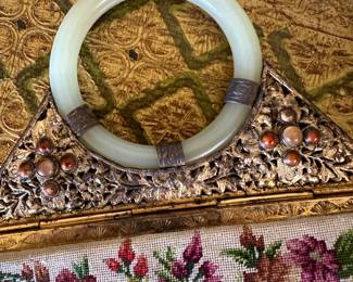 1920’s Chinese Petit Point Handbag w/ Hetian Jade Handle