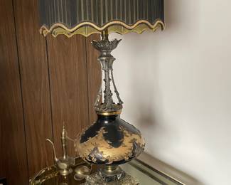 Black/Gold Hollywood Regency Table Lamp, Brass Side Table with Glass Top