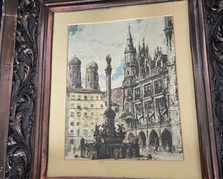 European Cathedral Drawing Print with Ornate Wood Frame