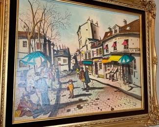 City Scene Oil Painting by Nikol with Ornate Gold Tone Frame