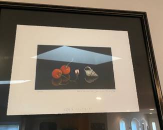 Framed & Matted Lithograph "Flowering Cherries with Sea Shell" by Nobuo Satoh