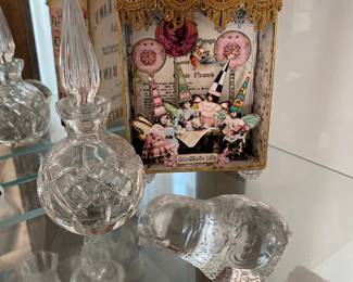 Waterford Lismore Crystal Perfume Bottle, Baccarat Crystal Baby Bird Figurine/Paper Weight