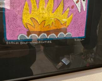 Framed & Matted "Beach Bow-Wow Bonfire" Painting by N. Wilson