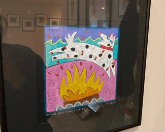 Framed & Matted "Beach Bow-Wow Bonfire" Painting by N. Wilson