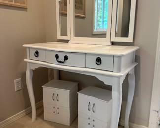 White Trifold Mirror Vanity, 2 White Jewelry Box Organizers