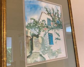 Framed & Matted Watercolor "Greece Street Scene" by Dan C.