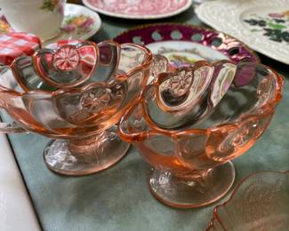 Flamingo Pink Heisey Half Circle Creamer & Sugar Bowls