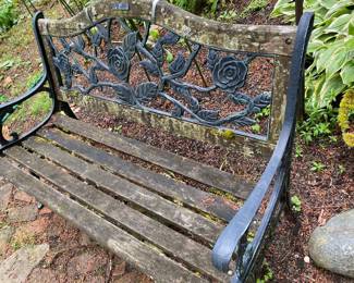Wooden Bench with Black Cast Iron Accents