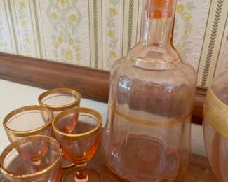 Pink Depression Glass Decanter and 4 Liqueur Glasses with Gold Rim