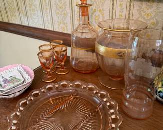 Pink Depression Glass Decanter and 4 Liqueur Glasses with Gold Rim, Pink Glass Open Lace Divided Plate