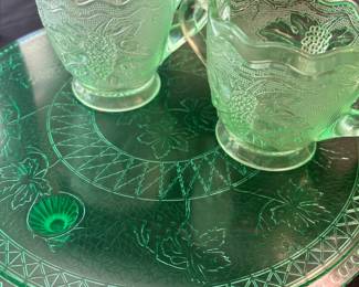 Green Pressed Glass Creamer & Sugar, Uranium Glass Etched Platter