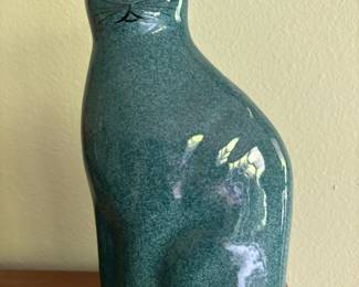 Teal Spongware Ceramic Cat Statue