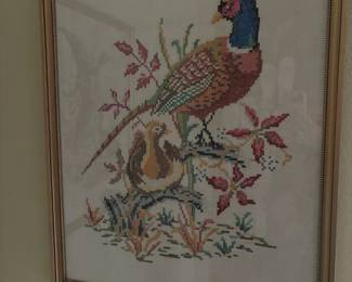 Framed Hand Embroidered Pheasant Folk Art
