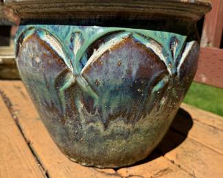 Brown, Turquoise, White Ceramic Planter