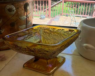 Gold Carnival Glass Diamond Compote Pedestal Bowl