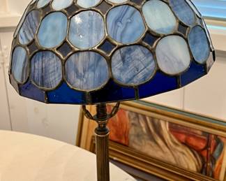 Tiffany Style Blue Glass & Brass Table Lamp