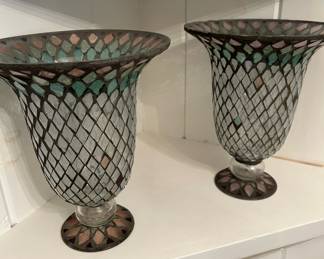 Pair ofClear/Brown and Turquoise Mosiac Pedestal Vases