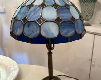 Tiffany Style Blue Glass & Brass Table Lamp
