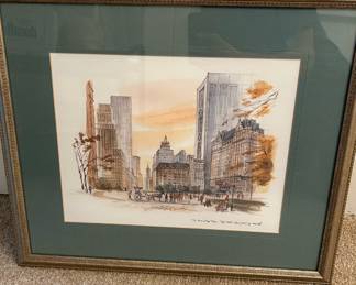 1970's Framed & Matted Watercolor Print "New York City, Grand Army Plaza, Plaza Hotel" by Mustoff