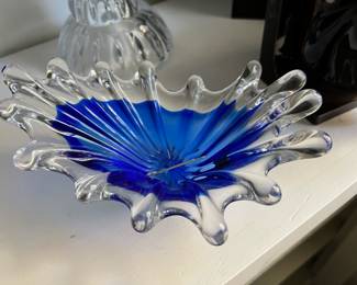 Clear/Cobalt Blue Stretched Glass Trinket Dish