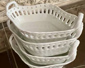 Set of 4 White Ceramic Lace Baskets