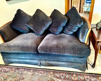 Pair of wood trim black velvet dot sofas