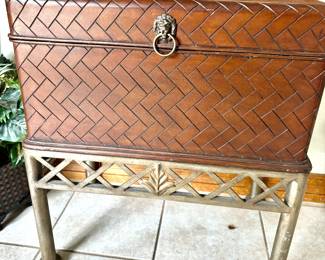 Woven leather look trunk on metal stand