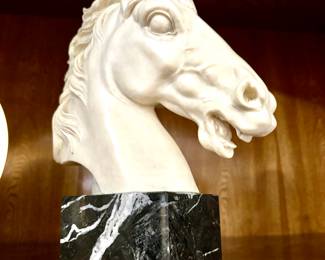 Signed horse head sculpture on marble base