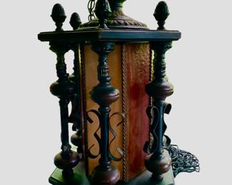 Vintage Medieval Gothic Hanging Chandelier Lamp Stained Glass