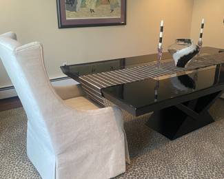 Black lacquer pedestal table with glass insert