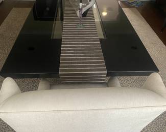 Black lacquer pedestal table with glass insert