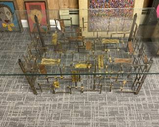 Brutalist coffee table w/glass top!