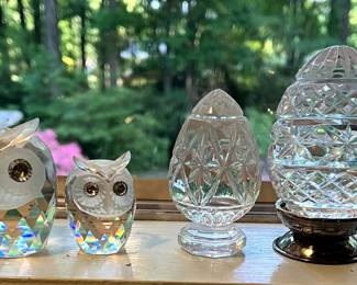 Swarovski owls and Waterford eggs