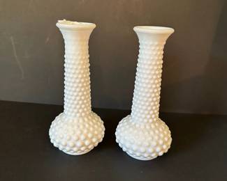 Hobnail style milk glass vases